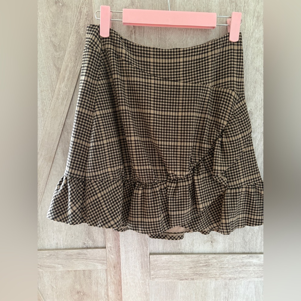 Joie Black & Tan Plaid Asymmetrical Ruffle Hem Skirt